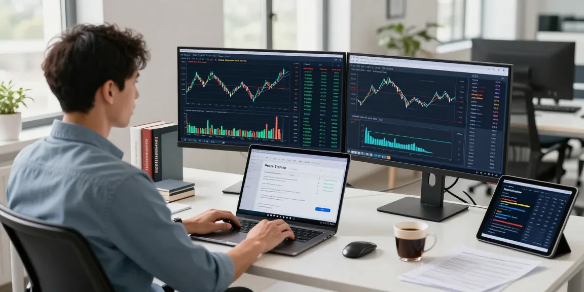 在TradingView官网上分析市场数据的专业交易员，显示股票图表和Pine Script代码的双显示器。