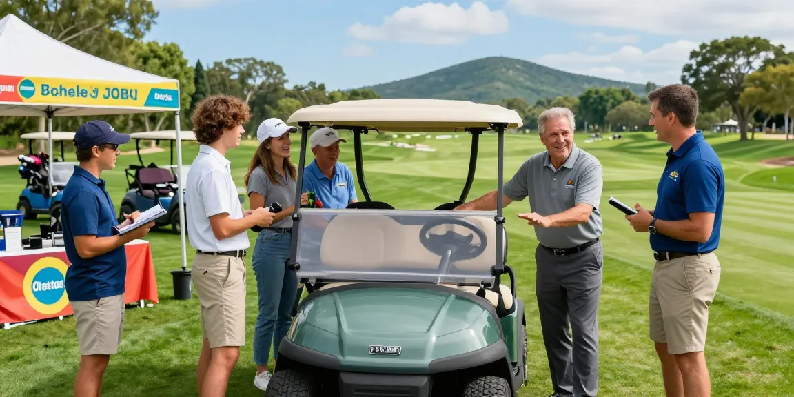 Golf cart dealer USA showcasing modern golf carts to happy customers at a golf course.