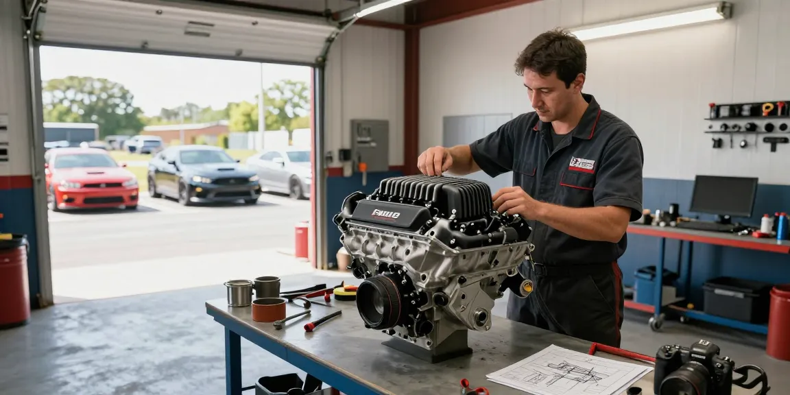 Hellcat motor for sale showcased in a dynamic automotive workshop with mechanics inspecting the engine assembly.