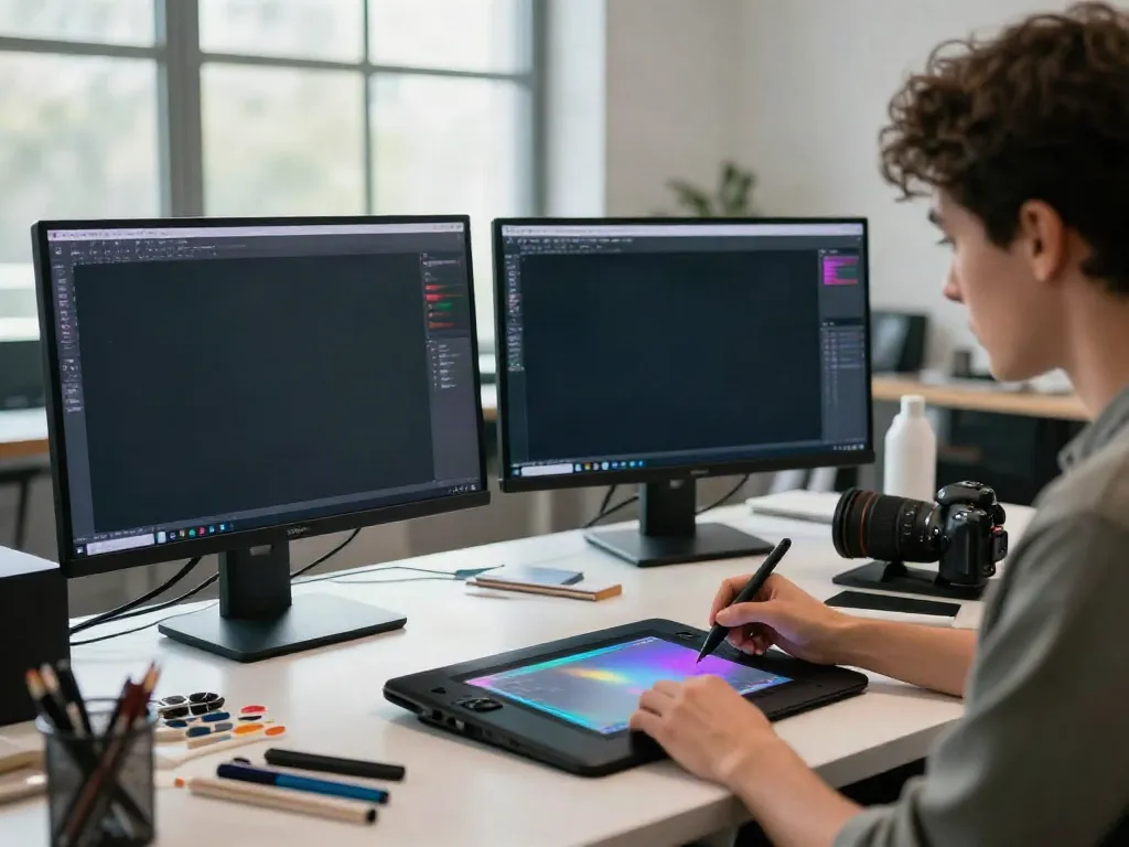 Explore how safe is typeshutter.com while using AI tools for creative visual projects in a vibrant studio.