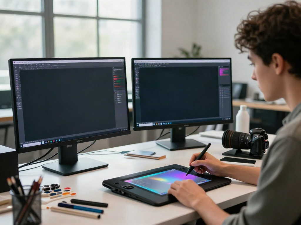Explore how safe is typeshutter.com while using AI tools for creative visual projects in a vibrant studio.