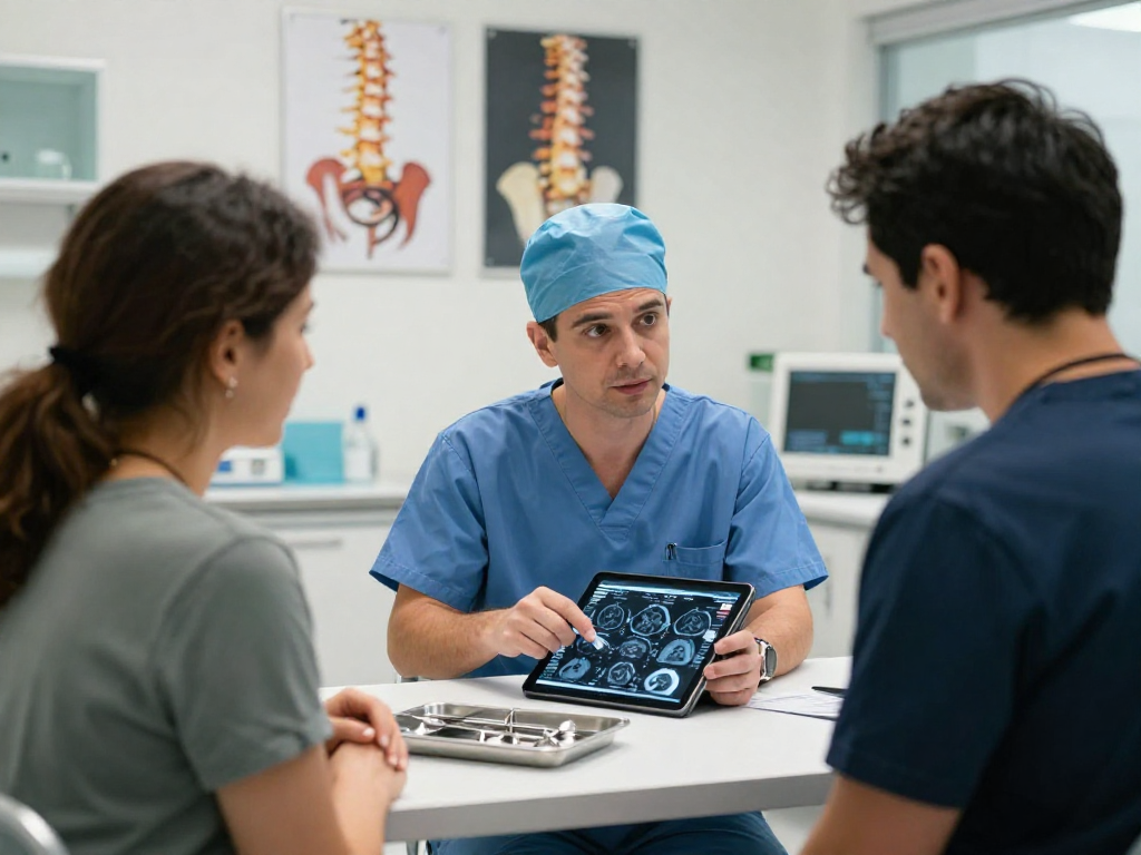 Patient consultation on Bel fıtığı ameliyatı with a surgeon examining MRI results in a modern clinic.