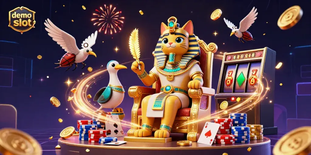 Menangkan demo slot dengan animasi kucing firaun dan elemen kasino menarik.