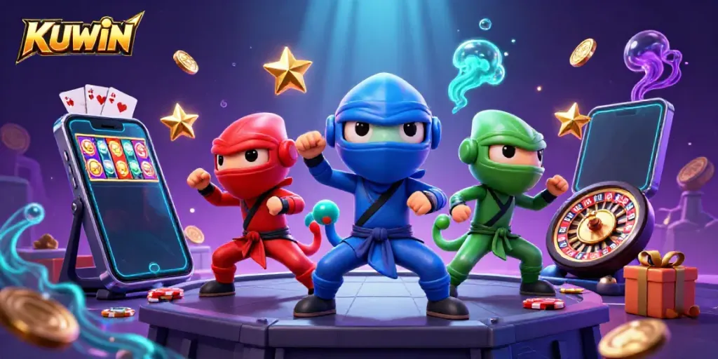 KUWIN gamblers win big in a vibrant 3D casino scene with colorful slot games and lively characters.