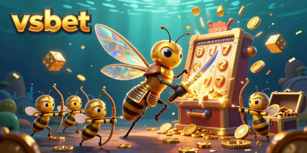 Experience the excitement of vsbet with a dynamic scene featuring a golden hornet and casino game elements.