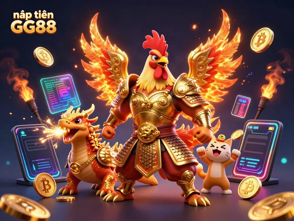 Engage in nạp tiền GG88 with a vibrant 3D illustration showcasing a rooster warrior and dragon hatchling in a casino setting.