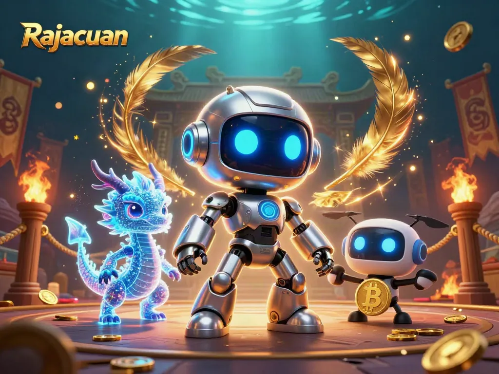 Rajacuan invites players into an immersive world with a cyberpunk robot and holographic dragon amid dynamic gambling elements.