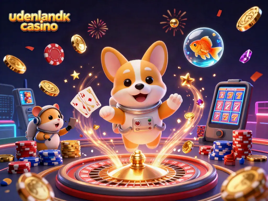 Experience fun with udenlandsk casino scenes featuring a lively 3D floating corgi astronaut and colorful casino elements.