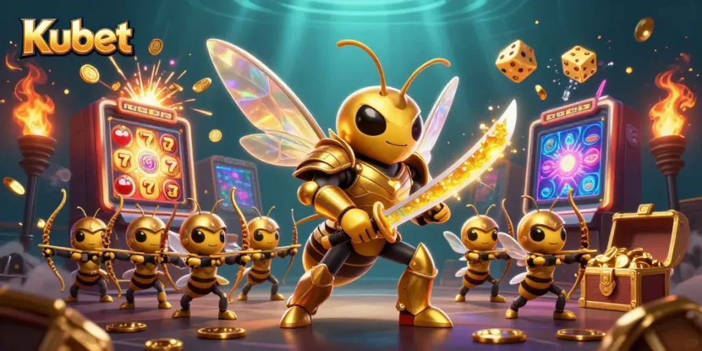 Kubet features a vibrant 3D illustration of a golden hornet samurai amidst casino elements and a jackpot explosion.