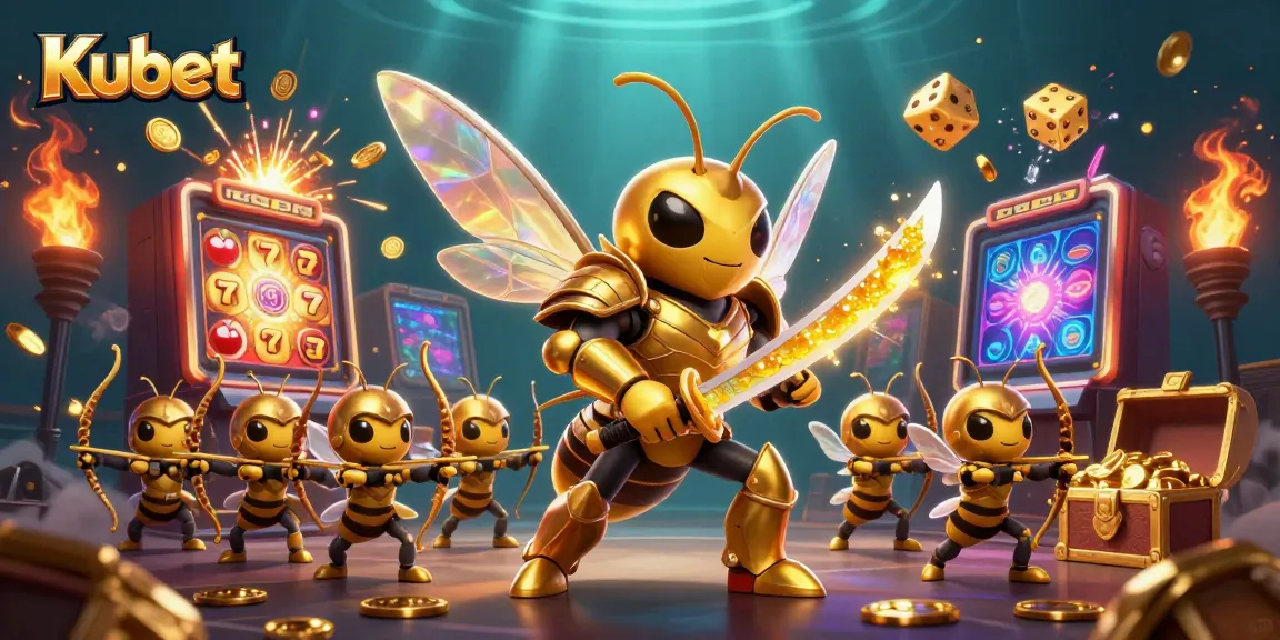 Kubet features a vibrant 3D illustration of a golden hornet samurai amidst casino elements and a jackpot explosion.