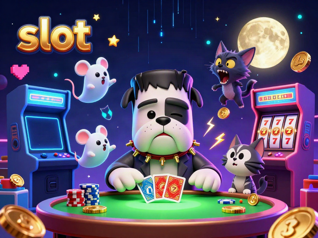 Experience thrilling slot action with a whimsical 3D scene featuring a Frankenstein bulldog dealer and playful characters.