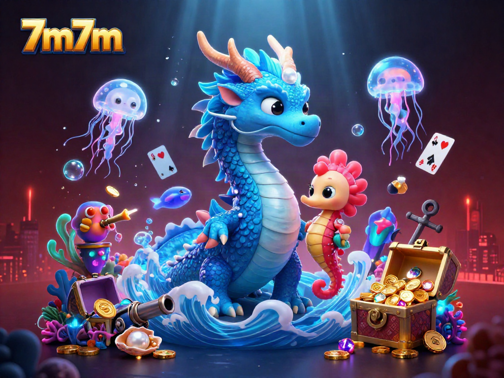 Engage with the vibrant 7m7m underwater casino scene showcasing a dragon, knight, and jellyfish among treasures.