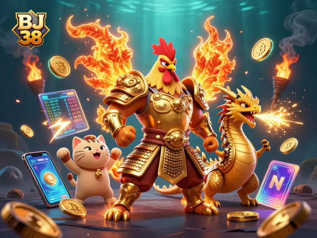Engage with BJ 38's thrilling gaming experience through vibrant 3D casino warriors and crypto elements.