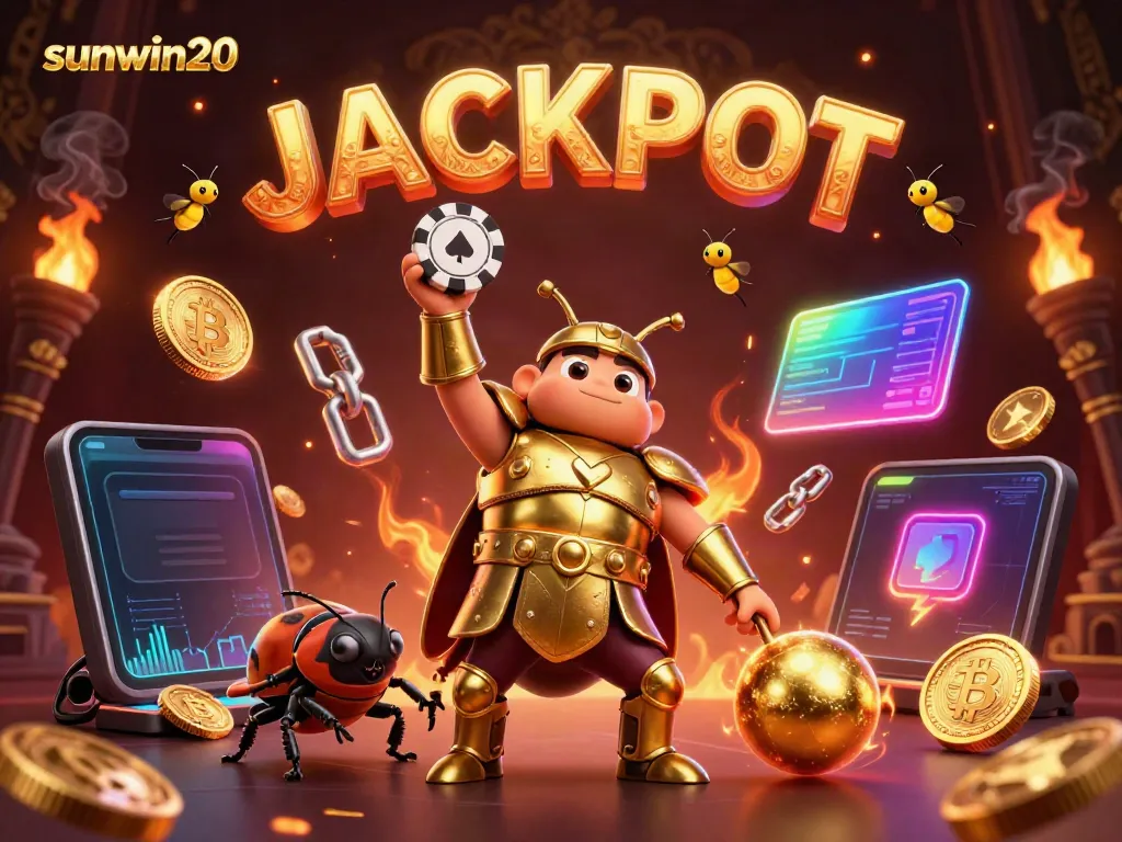 sunwin20 showcases a vibrant victory scene with a cartoon beetle lifting a poker chip amidst crypto elements.