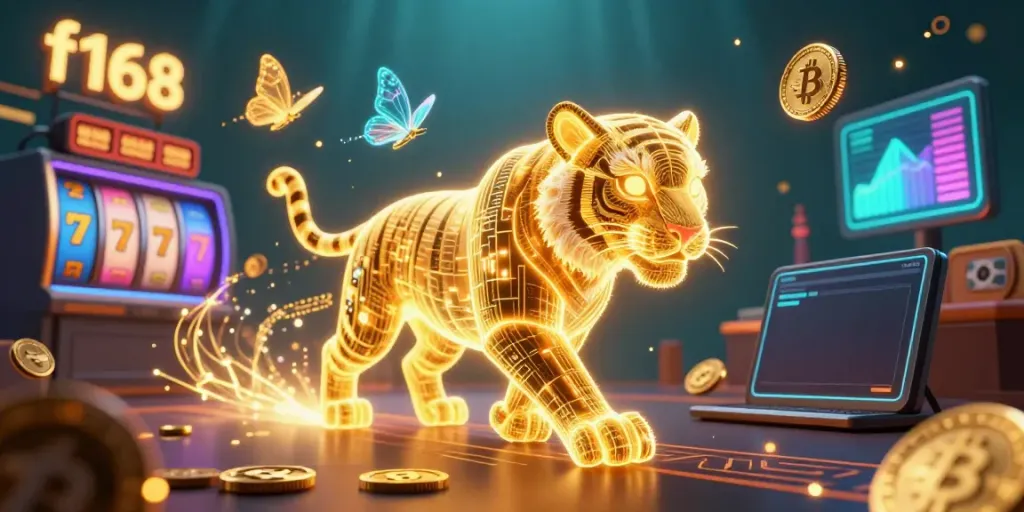 Engage with the vibrant f168 casino experience, highlighting golden tiger and dynamic gaming elements.