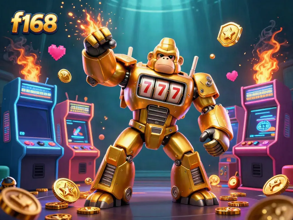 Experience the excitement of f168 with a dynamic golden gorilla mech in a vibrant casino scene.