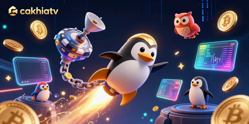 CakhiaTV penguin rocket soaring into a casino space station amidst digital assets and neon effects.