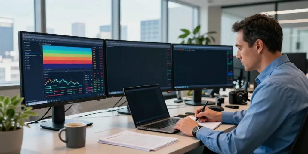Trader using MetaTrader 5 platform in a modern office analyzing financial charts.