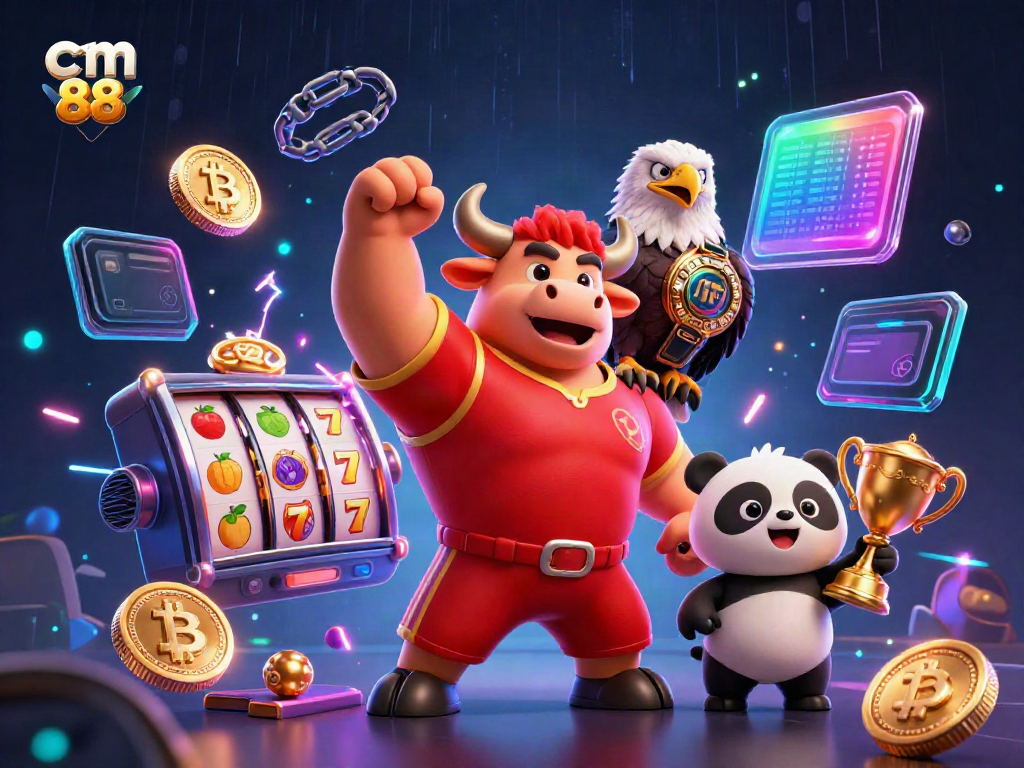 Engage with cm 88 casino vibes showcasing a dynamic trio celebrating wins with slot elements.