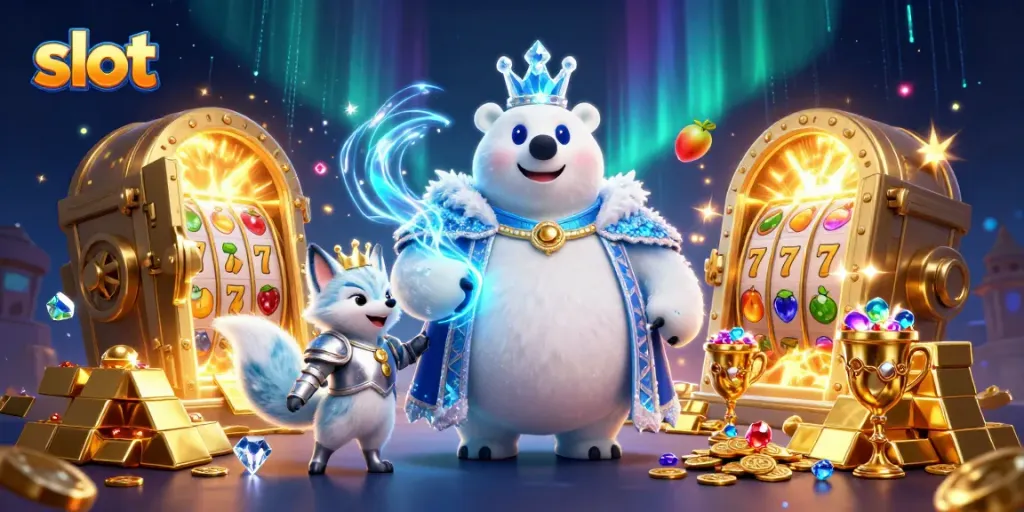 Spin slot reels and win with treasures in this ultra-detailed 3D casino scene.