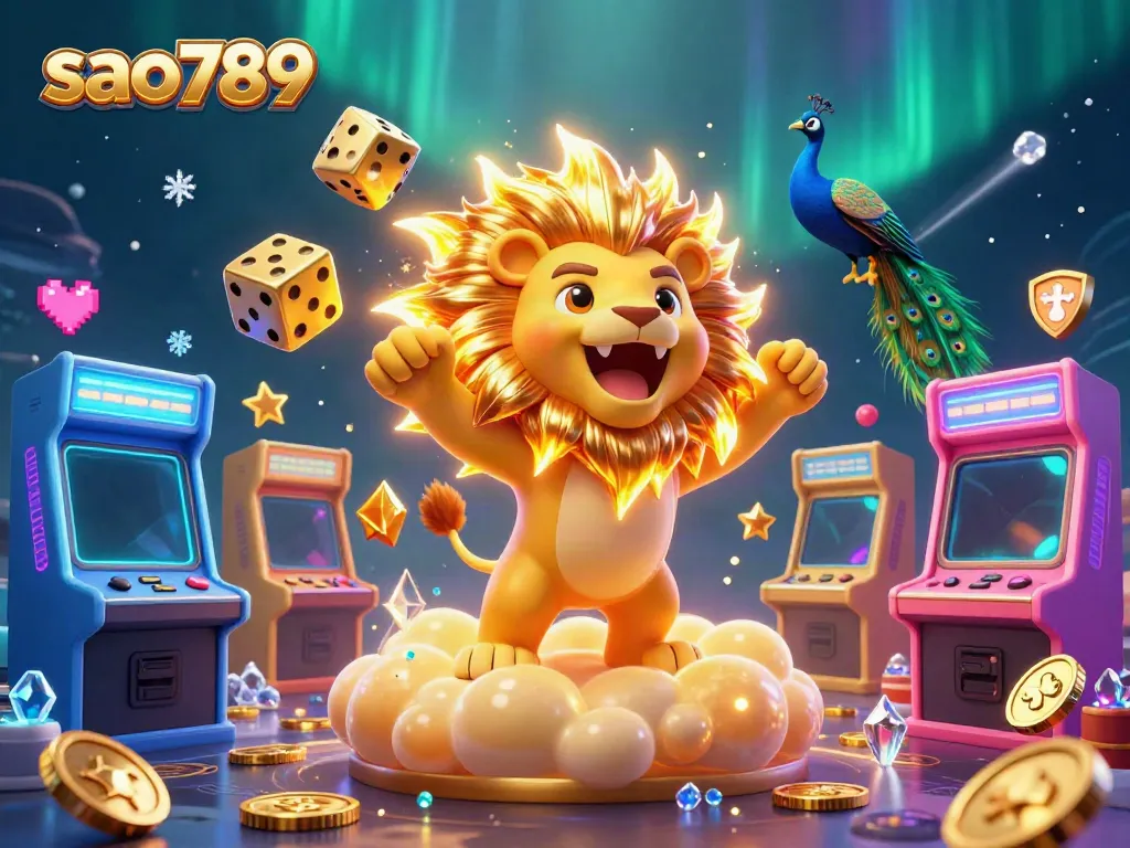 Experience thrilling wins at sao789 with a vibrant 3D casino scene showcasing a roaring lion and dynamic game elements.