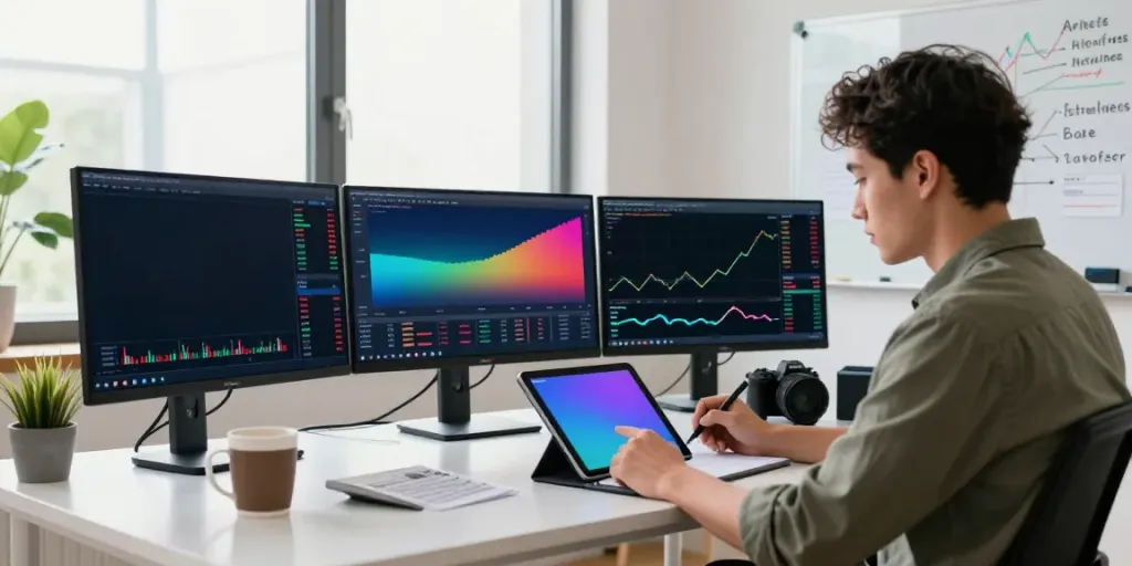 Trader analyzing TradingView charts in a modern home office