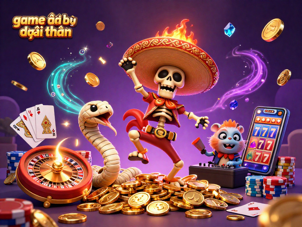 Experience game đánh bài đổi thưởng with animated casino elements in a vibrant 3D illustration.