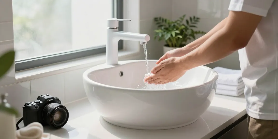 Wudu basin being used in a contemporary bathroom for purification rituals, showcasing its elegant design and serene environment.