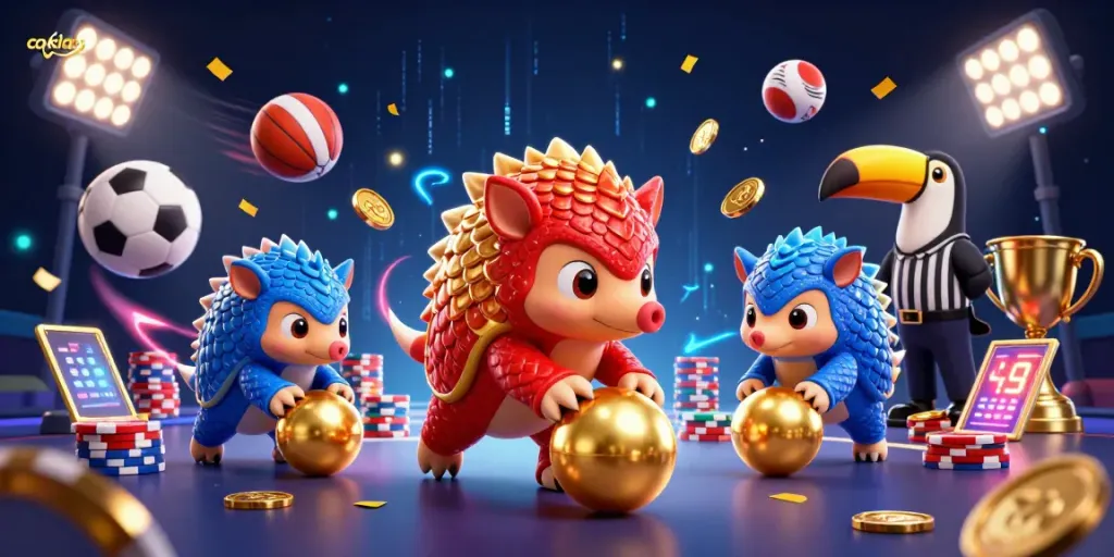 Cakhiatv showcases dynamic pangolins bowling through poker chips, emphasizing sports betting excitement.