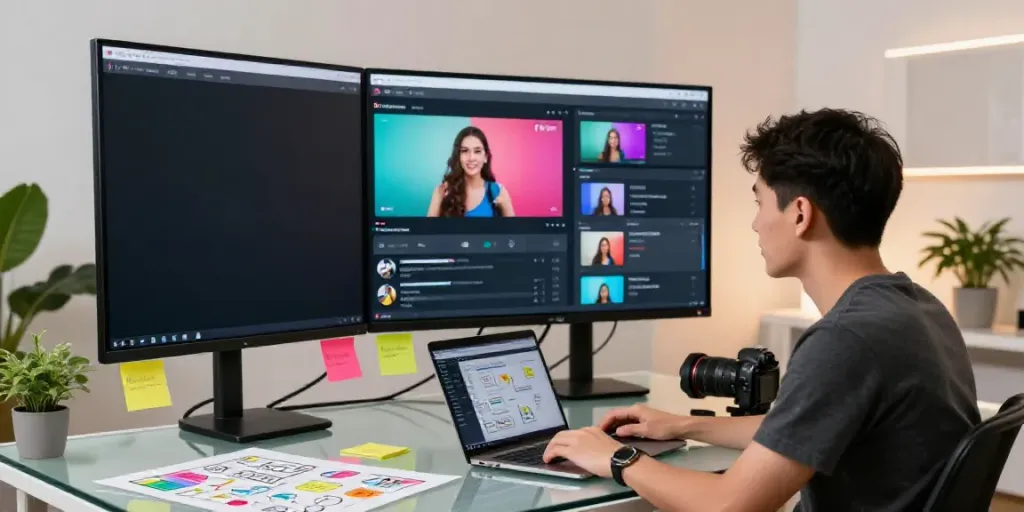 How to write TikTok video scripts with AI in a vibrant video studio setting.