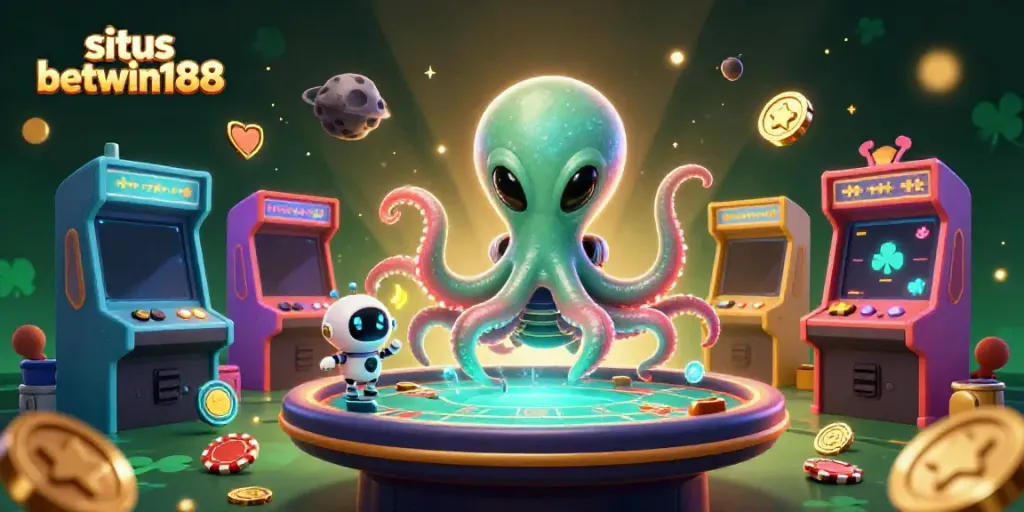 Akses situs betwin188 dengan octopus alien bermain poker di ruang angkasa yang penuh warna