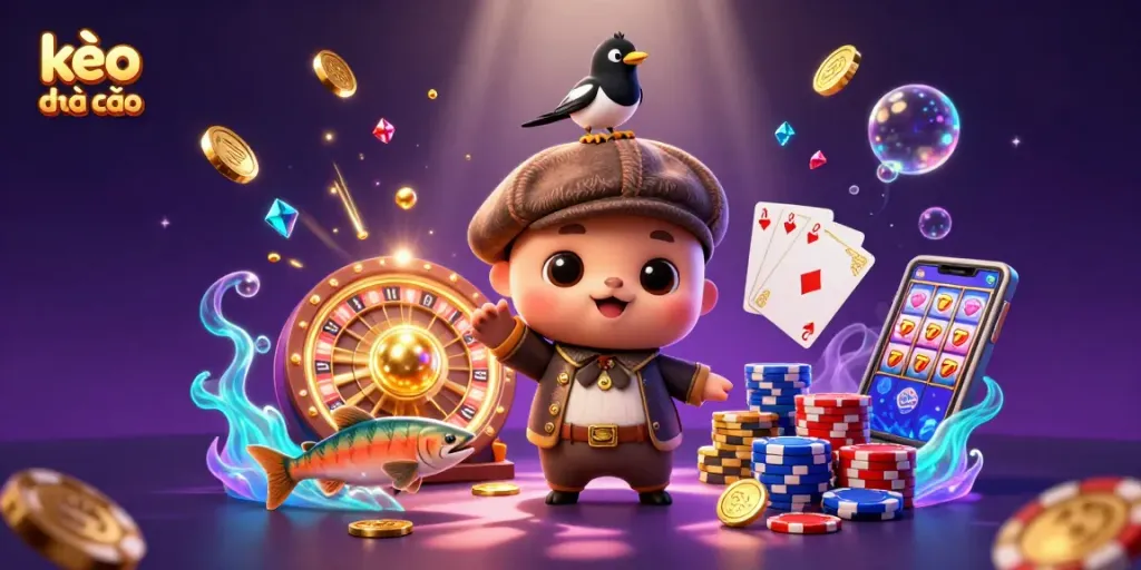 Engaging kèo nhà cái illustration featuring cartoon characters amidst dynamic casino elements.