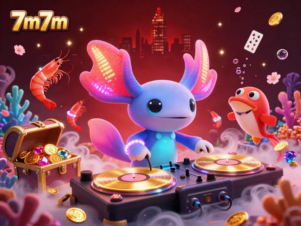 Experience the electrifying 7m7m underwater casino scene with a DJ axolotl spinning records surrounded by vibrant sea life.