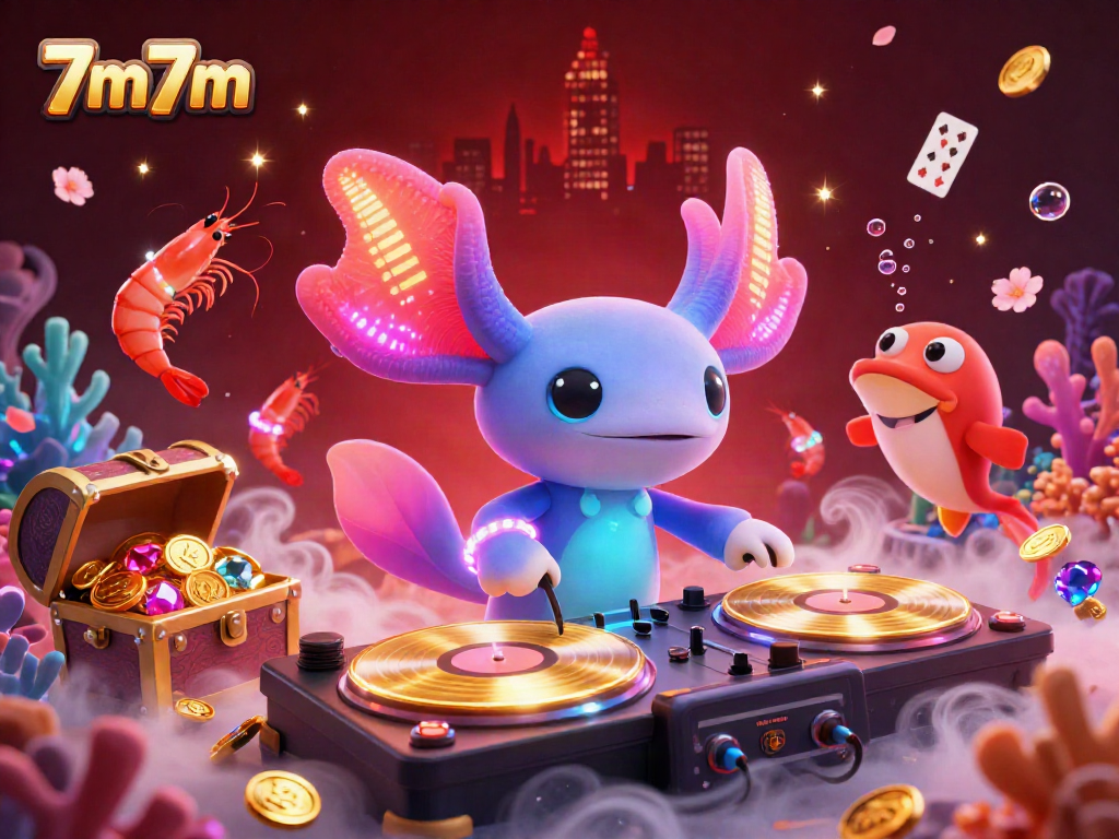 Experience the electrifying 7m7m underwater casino scene with a DJ axolotl spinning records surrounded by vibrant sea life.