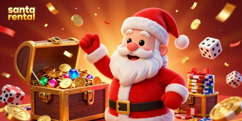 Engage in festive excitement with Santa rental offerings at the casino, celebrating with gold coins and dazzling chips.