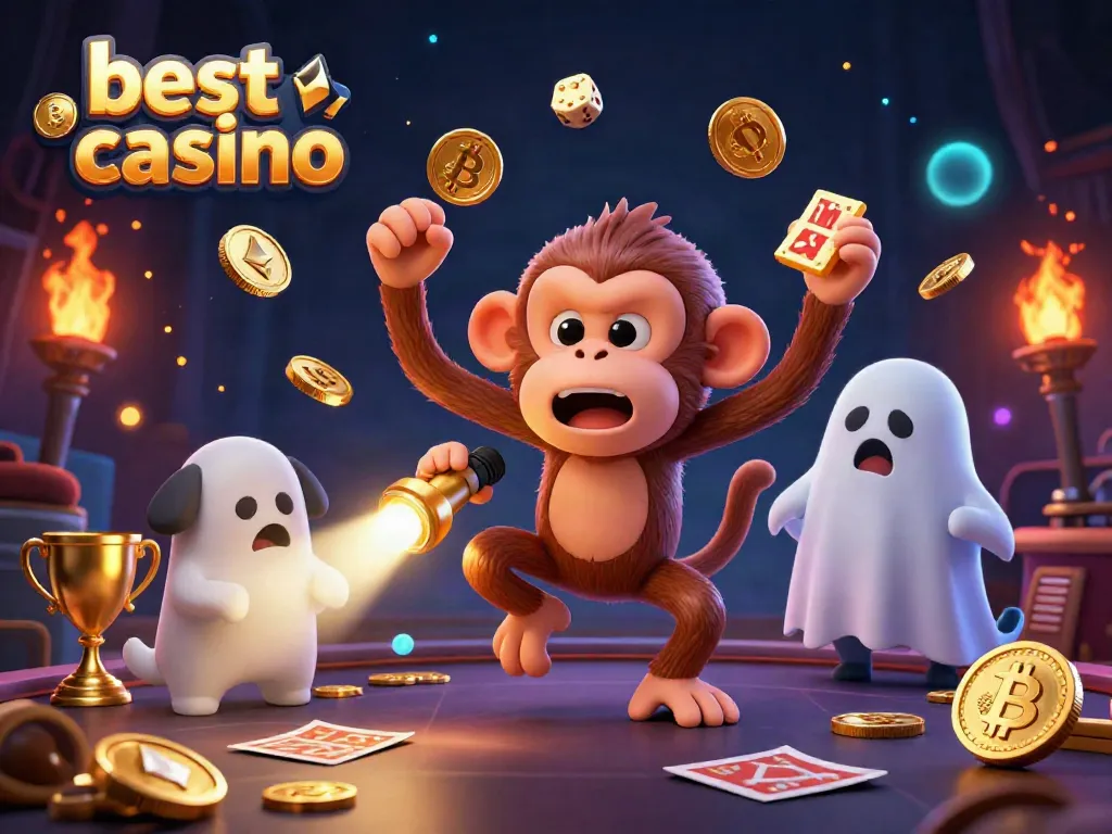 Engage with the best crypto casino experience as a playful poltergeist monkey juggles golden items in a dynamic scene.