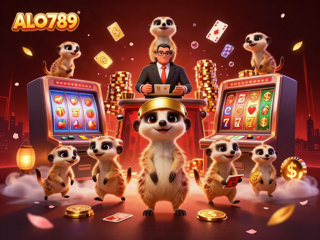 Experience thrilling gameplay with ALO789 in this dynamic meerkat casino illustration.