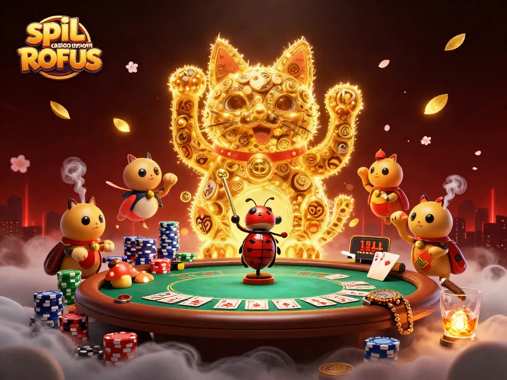 Engage in spil casino uden om ROFUS with vibrant illustrations of dynamic casino symbols and characters.