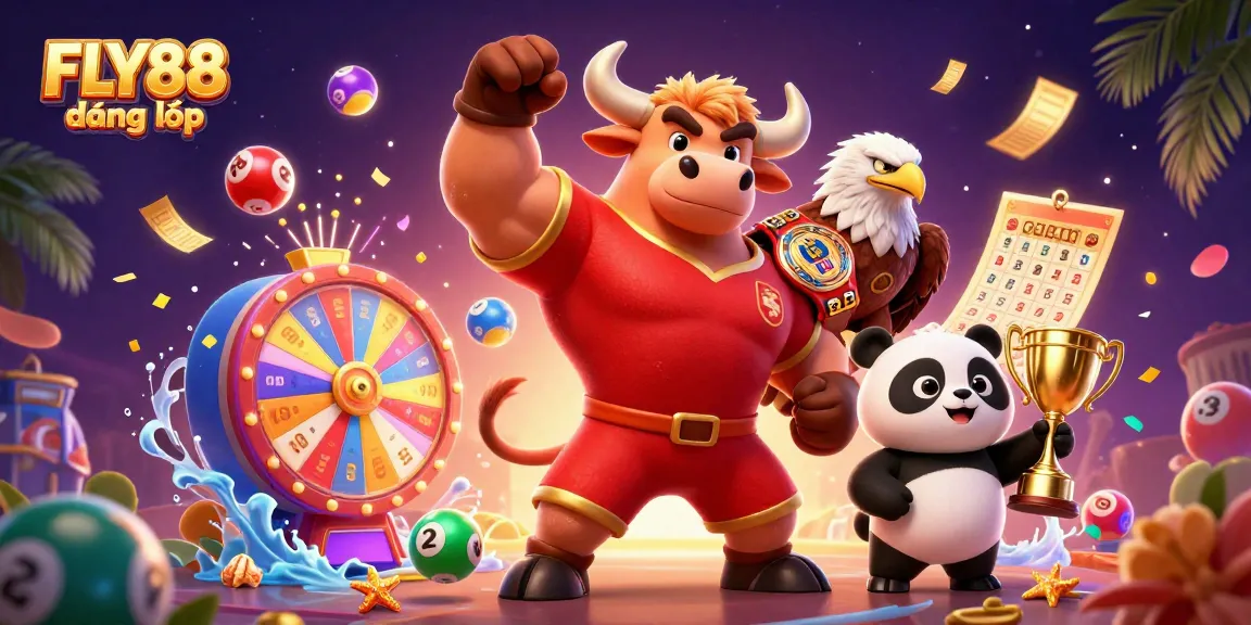 Experience FLY88 đăng nhập with exciting 3D casino characters celebrating victory with lottery elements.