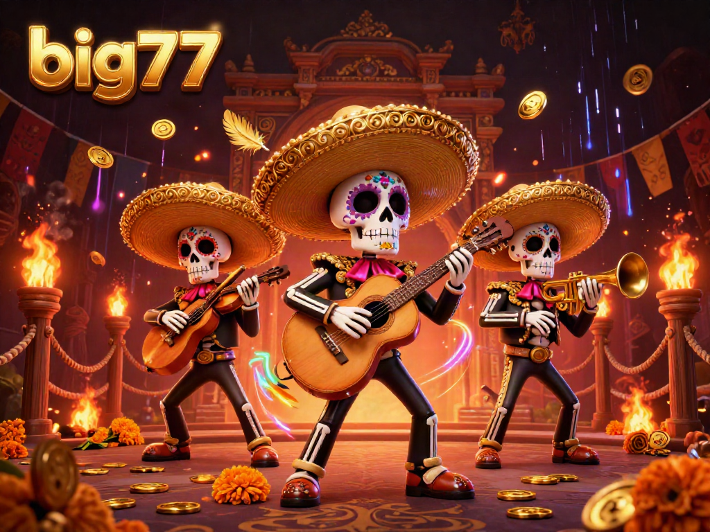 Join the action with big777, where vibrant mariachi skeletons celebrate amidst gold coins and thrilling casino elements.