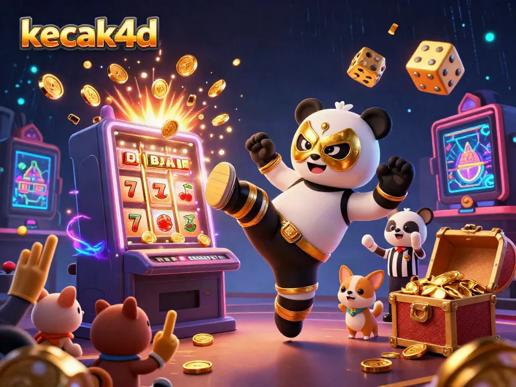 Kecak4d showcases an exciting scene with a panda wrestler and chihuahua referee among jubilant animal spectators at a vibrant slot gacor event.