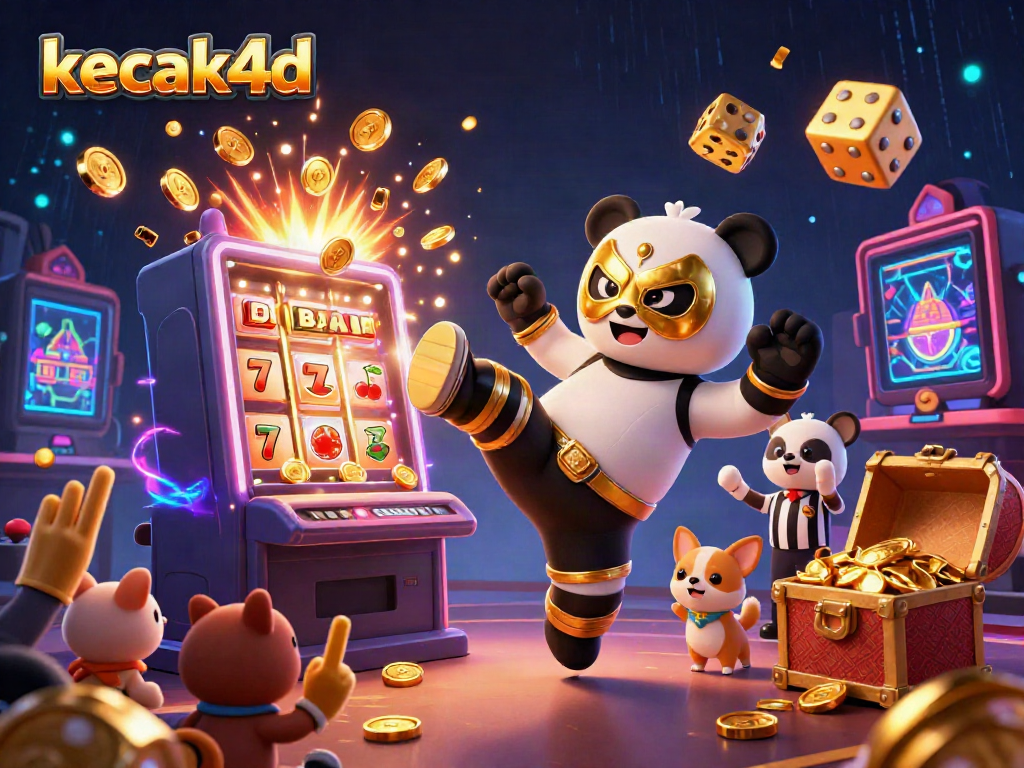 Kecak4d showcases an exciting scene with a panda wrestler and chihuahua referee among jubilant animal spectators at a vibrant slot gacor event.