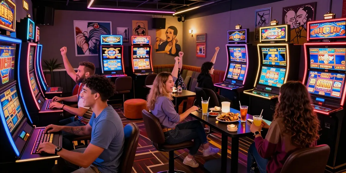 Friends enjoying slot online gameplay in a lively casino lounge with vibrant neon lights.