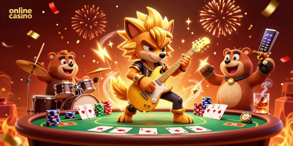 Rock star wolf and drummer bear perform energetically in an online casino scene filled with poker tables and vibrant confetti.