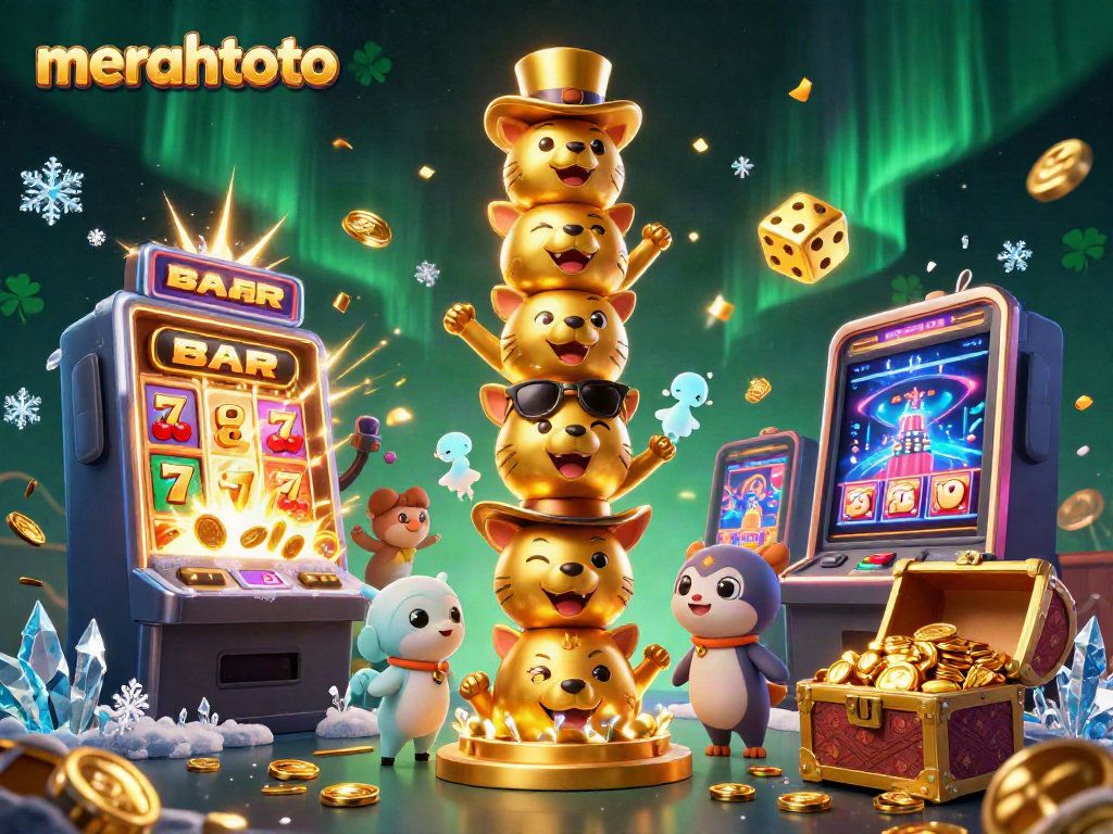Slot gacor meriah di merahtoto dengan jackpot, simbol BAR, dan nuansa kasino yang memikat.