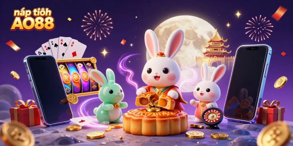 Experience the excitement of nạp tiền AO88 with a festive scene featuring playful moon rabbits and dynamic casino elements.