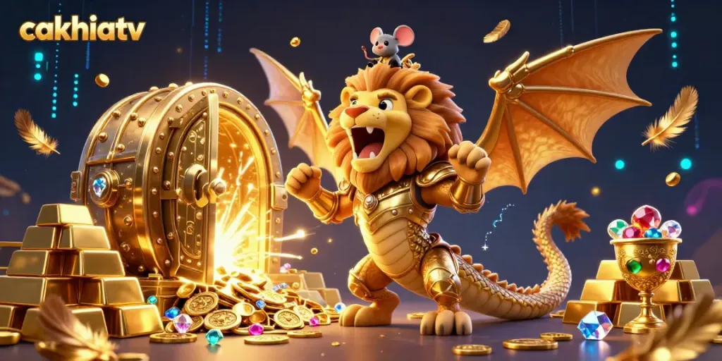 Cakhiatv showcases a triumphant chimera creature in golden armor surrounded by riches in a vibrant casino-themed scene.