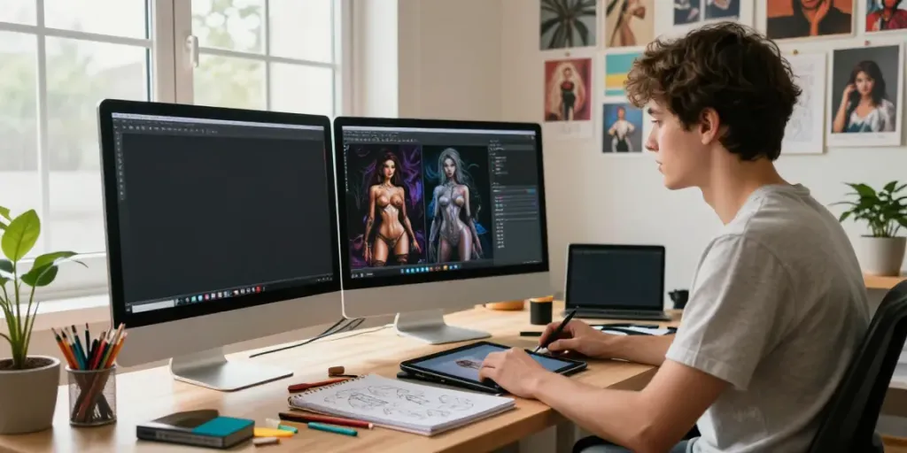 AI porn desktop setup featuring a creative artist at work, showcasing digital artwork and tools in a modern workspace.
