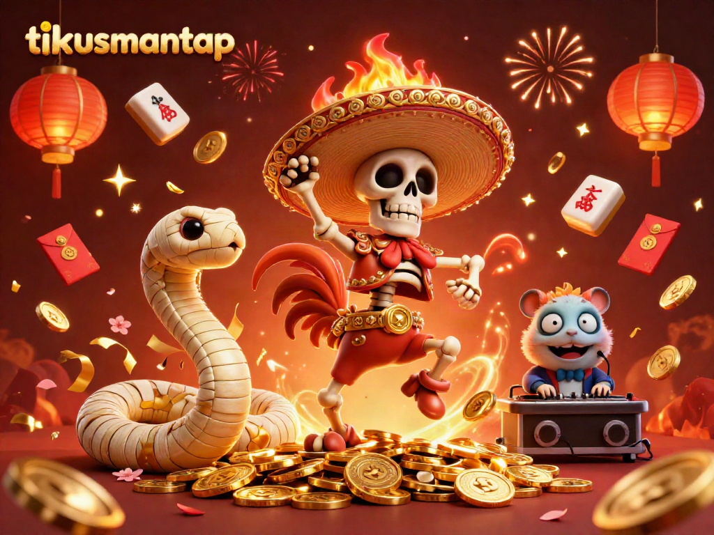Tikusmantap offers a vibrant casino experience with a skeleton mariachi rooster celebrating on golden coins.