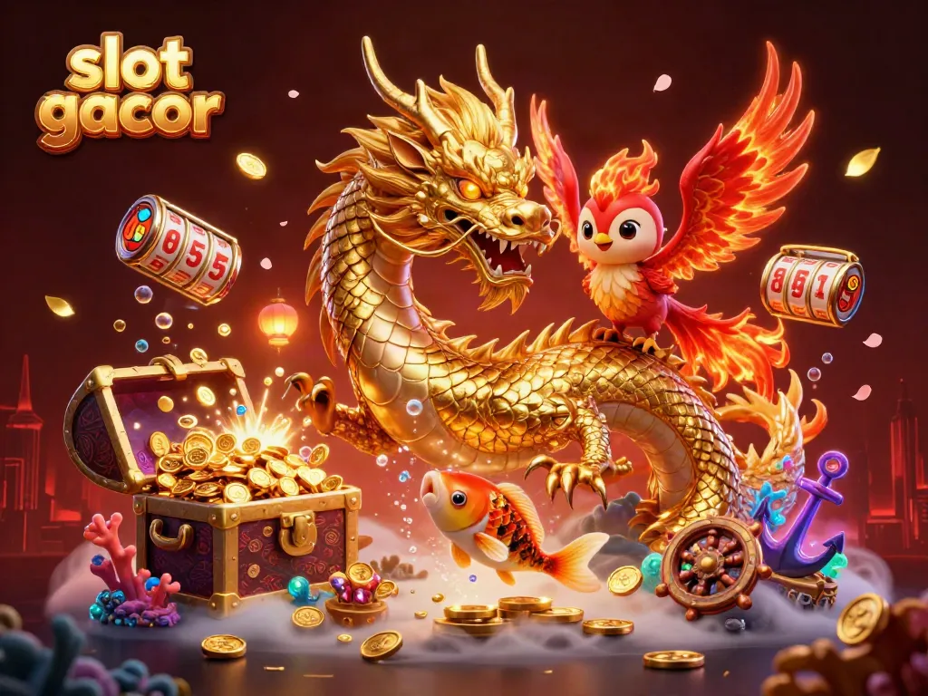 Engage in slot gacor gaming as a dragon, phoenix, and koi fish celebrate wins amidst coins.